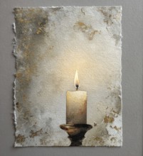 A candle is lit in a painting of a candle holder. The candle is the main focus of the painting, and