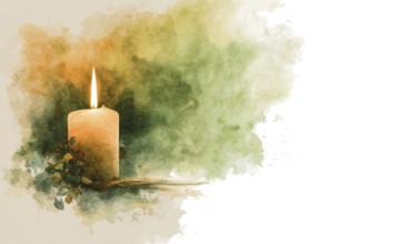 A candle is lit on a table with a green background. The candle is the main focus of the image, and