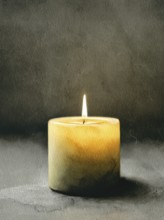 A candle is lit and sits on a table. The candle is yellow and the light is soft. AI generated