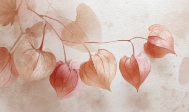 A painting of a branch with five red flowers. The flowers are arranged in a way that they look like