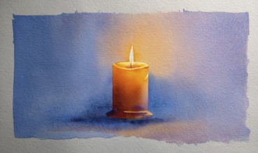 A candle is lit in a painting of a blue background. The candle is the main focus of the painting,