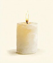 A candle is lit and is sitting on a white background. The candle is the main focus of the image,
