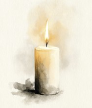 A candle is lit and the flame is yellow. The candle is in a painting and the painting is in