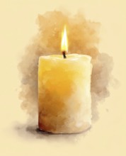 A candle is lit and is sitting on a table. The candle is yellow and the flame is small. The image