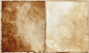 Two pieces of paper with a brown background and white text. The paper is old and worn, giving it a