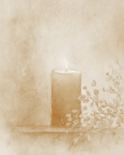 A candle is lit on a table with some leaves. The candle is orange and the leaves are green. AI