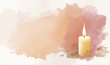 A candle is lit on a table with a watercolor background. The candle's light casts a warm glow on