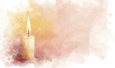 A candle is lit on a table with a pink background. The candle is the main focus of the image, and