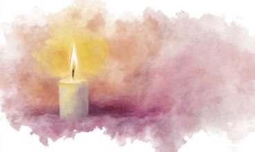 A candle is lit in a painting with a pink background. The painting has a warm and calming mood,