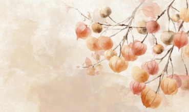 A painting of a tree with orange and red fruit hanging from it. The painting has a warm, inviting