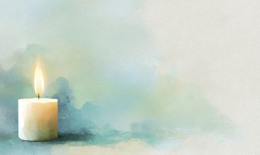 A candle is lit on a table in front of a blue background. The candle is the main focus of the