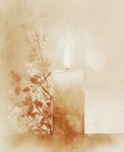 A candle is lit in a painting of a candle. The candle is surrounded by leaves and the painting has