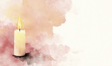 A candle is lit in a painting with a pink background. The candle is the main focus of the painting,