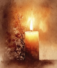 A candle is lit in a painting with a dark background. The candle is surrounded by flowers, which