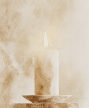A candle is lit in a room with a brown background. The candle is the main focus of the image, and