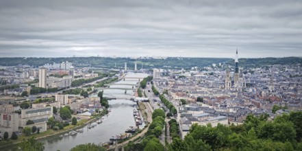 Panoramic view of the Rouen city in France, with the winding Seine river and numerous bridges.