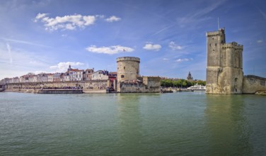 Panoramic view of the iconic entrance to the Vieux Port of La Rochelle, France. Panorama of all