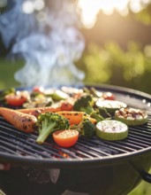 Cooking vegetables on grill outdoors, healthy lifestyle with healthy food, close up of grill with
