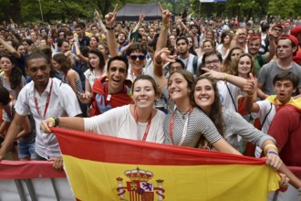 WROCLAW, POLAND - JULY 24, 2016: Playing pilgrims of the World Youth Day during open concert Mercy