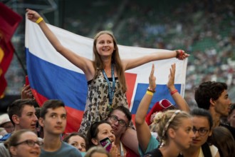WROCLAW, POLAND - JULY 23, 2016: Pilgrims of the World Youth Day during concert Singing Europe. The