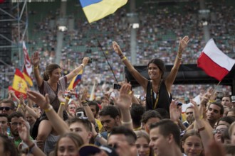 WROCLAW, POLAND - JULY 23, 2016: Pilgrims of the World Youth Day during concert Singing Europe. The
