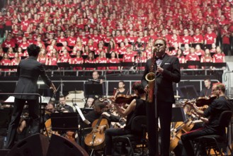 WROCLAW, POLAND - JULY 23, 2016: Orchestra and choir during concert Singing Europe. The concert is