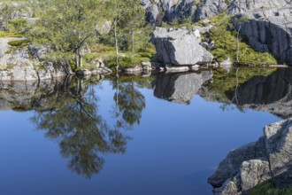 A mountain lake, a few birch trees growing on its shore, and crystalline rocks of the Scandinavian