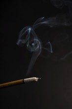 Close-up of a burning incense with white smoke coming out illuminated on a black background
