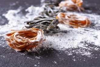 Pasta with carrots and spinach lies in a stack on a floured table, space for text