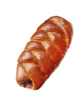 Sweet crispy bun with fruit jam on white background