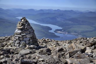 Stone mound tumulus on the Ben Nevis summit, the highest mountain in the United Kingdom, Loch Eil