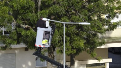 Two unrecognizable electricians operate hydraulic lift to repair street light in residential area