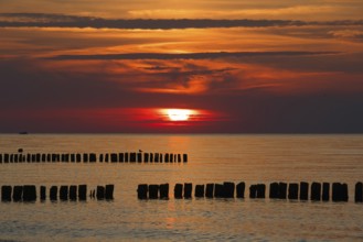 A serene sunset over the sea with wooden groynes and an orange sky, creating a peaceful atmosphere.