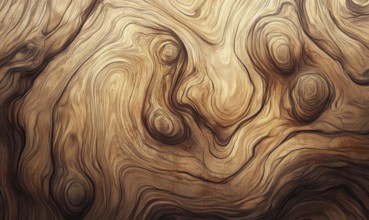 Complex wood texture with swirling patterns and knots in deep brown tones. AI generated
