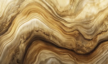 Swirling wood grain with wavy patterns in golden brown creating an elegant flow. AI generated