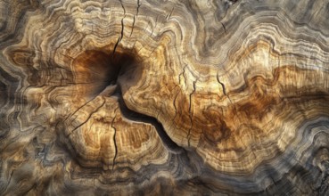Close-up of wood texture showing intricate tree rings and natural patterns in earthy tones. AI