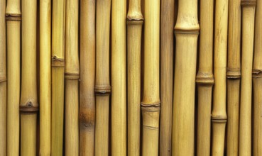 A row of bamboo sticks are shown in a close up. The sticks are brown and appear to be weathered.