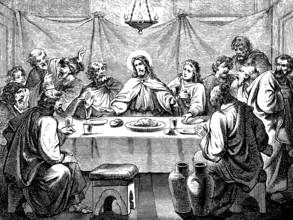The last meal of Jesus with his disciples, truly one will betray me, woman with glass of water,