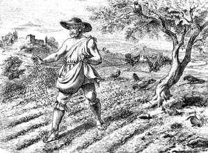 The sower in the field, Gospel of Matthew, chapter 13, farmer, sowing, landscape, agriculture,