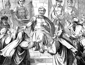 The governor Pilate in the judgment seat, the people demand Jesus crucifixion, Jesus bound with