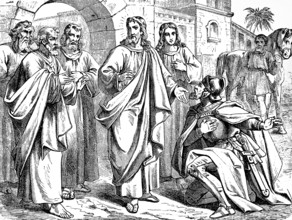 The captain at Capernaum kneels and speaks to Jesus, Gospel of Matthew, chapter 8, halo, servant,