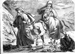 Mary and Joseph flee to Egypt with baby Jesus, donkey, horse riding, mountain landscape, walking