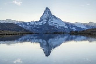 Matterhorn Mountain and Reflection in Lake Stellisee in Evening. Swiss Alps. Valais, Switzerland
