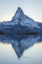 Matterhorn Mountain and Reflection in Lake Stellisee in Evening. Swiss Alps. Valais, Switzerland