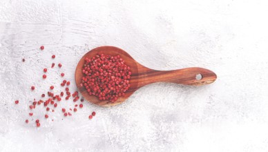 Wooden spoon with red peppercorns, on a light background, top view