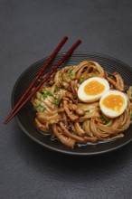Buckwheat noodles soba with shimeji mushrooms, with boiled egg, green onion, sesame seeds,