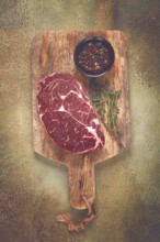Steak made from fresh beef, with herbs and various spices, on a wooden chopping board, ready to