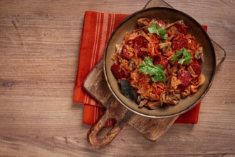 Bigos, bigos Polish dish, stew with cabbage and chorizo sausages, mushrooms, homemade, no people