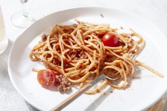 A plate holds freshly cooked spaghetti topped with flavorful meat sauce and garnished with bright