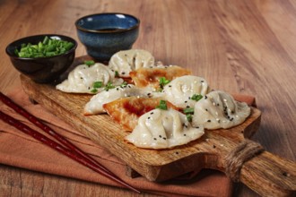 Gyoza Japanese dumplings, fried, with sauce, with green onion and sesame seeds, no people,